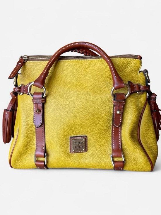 Dooney & Bourke Handbags - Dooney & Bourke Mustard Yellow Pebbled Leather Satchel with Brown Trim